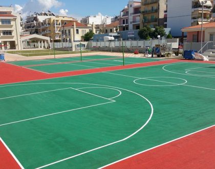 Striping sports facilities at 1st Highschool of Pyrgos . Contractor: DOXA SA